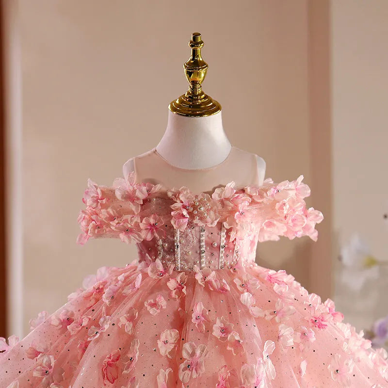 Girls' pink polyester pettiskirt princess dress with full layered skirt suitable for heights up to 150cm