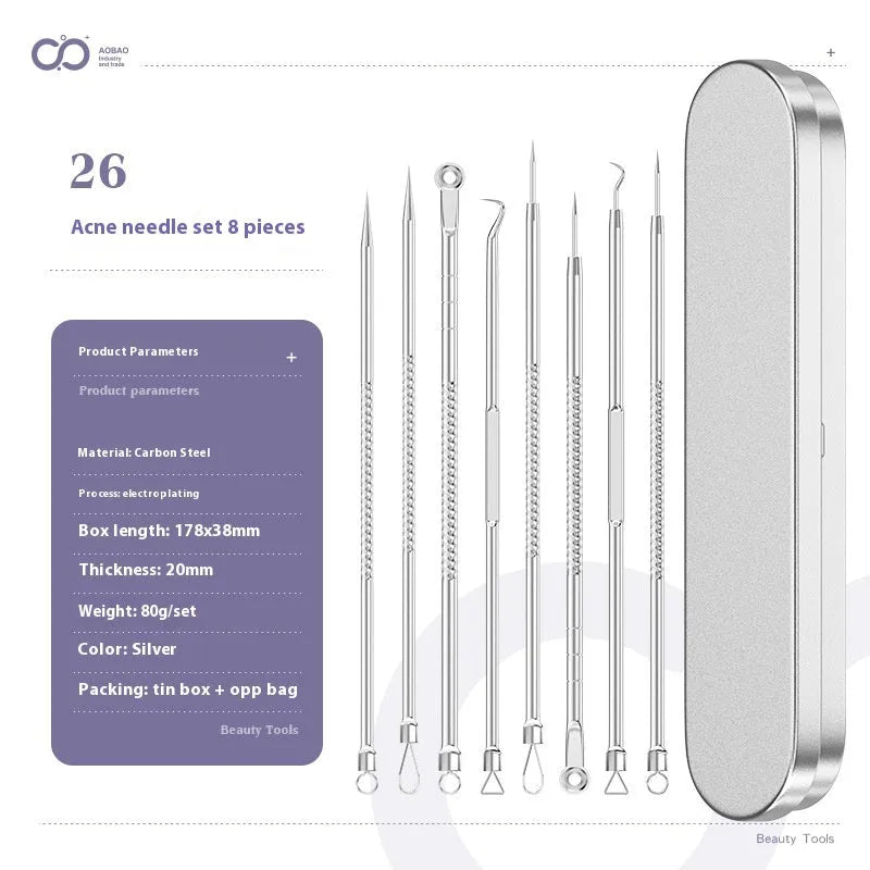 Four silver metal acne needles with ultra-fine pointed tips for skin treatment.
