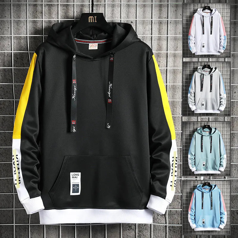 Men's casual printed loose long sleeve hooded top in polyester, available in black, white, gray, lake blue, mist blue sizes M-4XL.