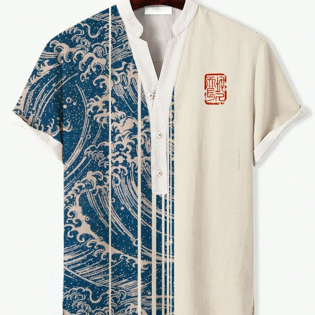 Man wearing a short sleeve t-shirt with a bold 3D digital animal graphic print on the front.