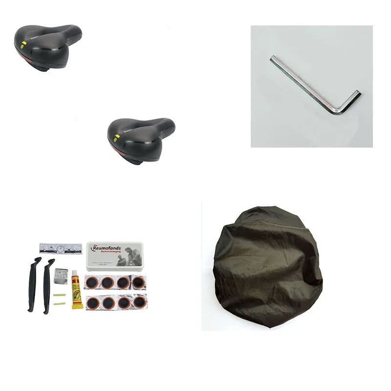 Bicycle cushion with soft padding and PU leather cover, includes waterproof cover and maintenance tools
