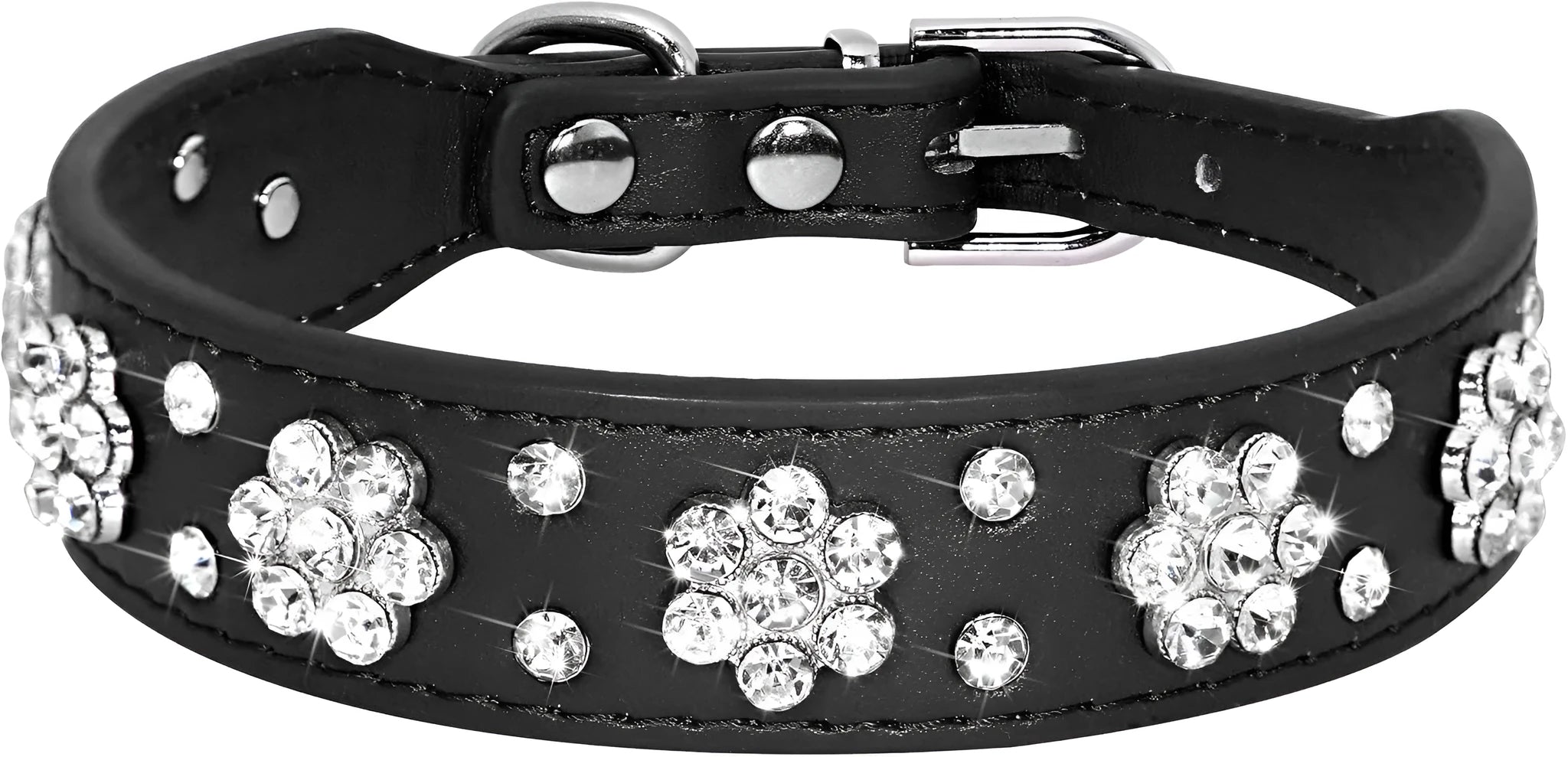 Black PU leather dog collar with sparkling rhinestone flower pattern and metal D-ring
