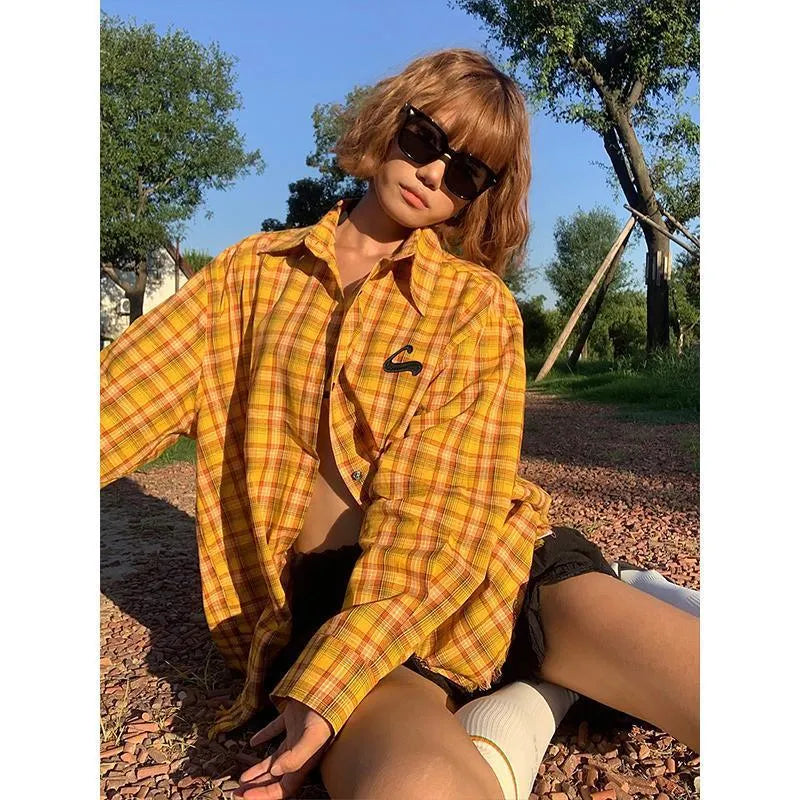 Dopamine yellow plaid shirt with loose cardigan style on hanger