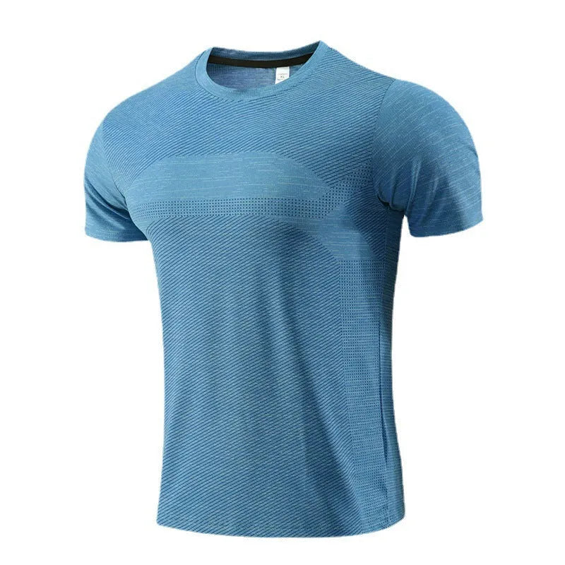 Short-sleeved red polyester spandex sports T-shirt for running and basketball.