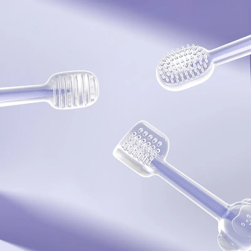 Soft silicone pet toothbrush for dogs and cats in purple, blue, and green colour options.