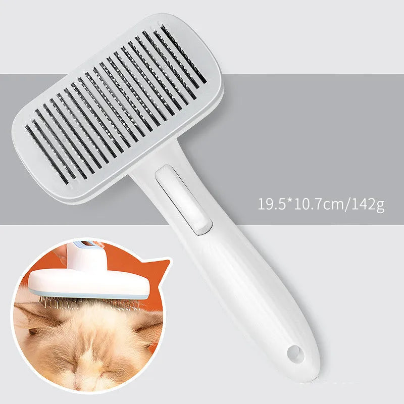 Automatic pet grooming comb for dogs and cats on a blue background.