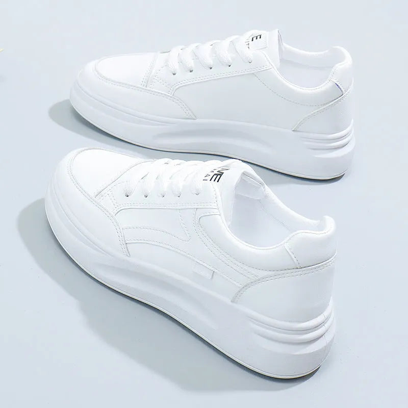 Women's casual sports board shoes solid colour artificial leather round head white green
