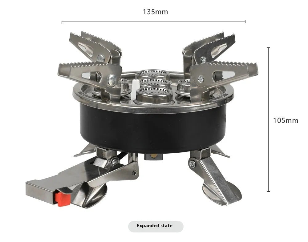 Silver stainless steel split camping stove with foldable design and 100cm gas hose