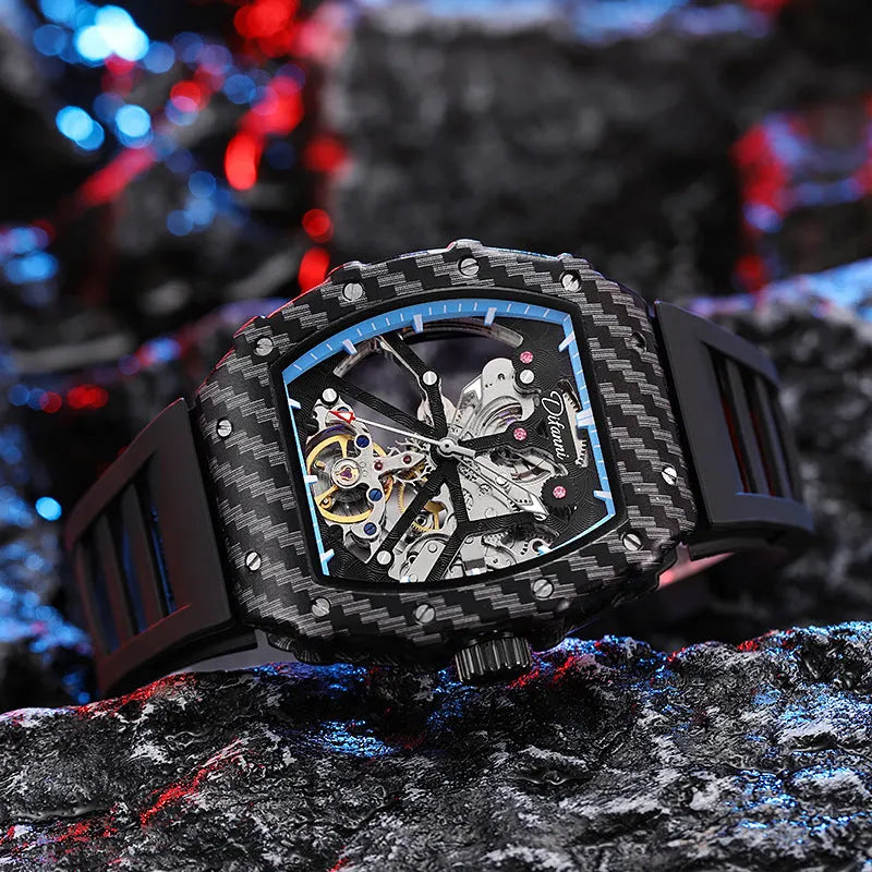 Mechanical men's waterproof watch with luminous dial on a coloured rubber strap