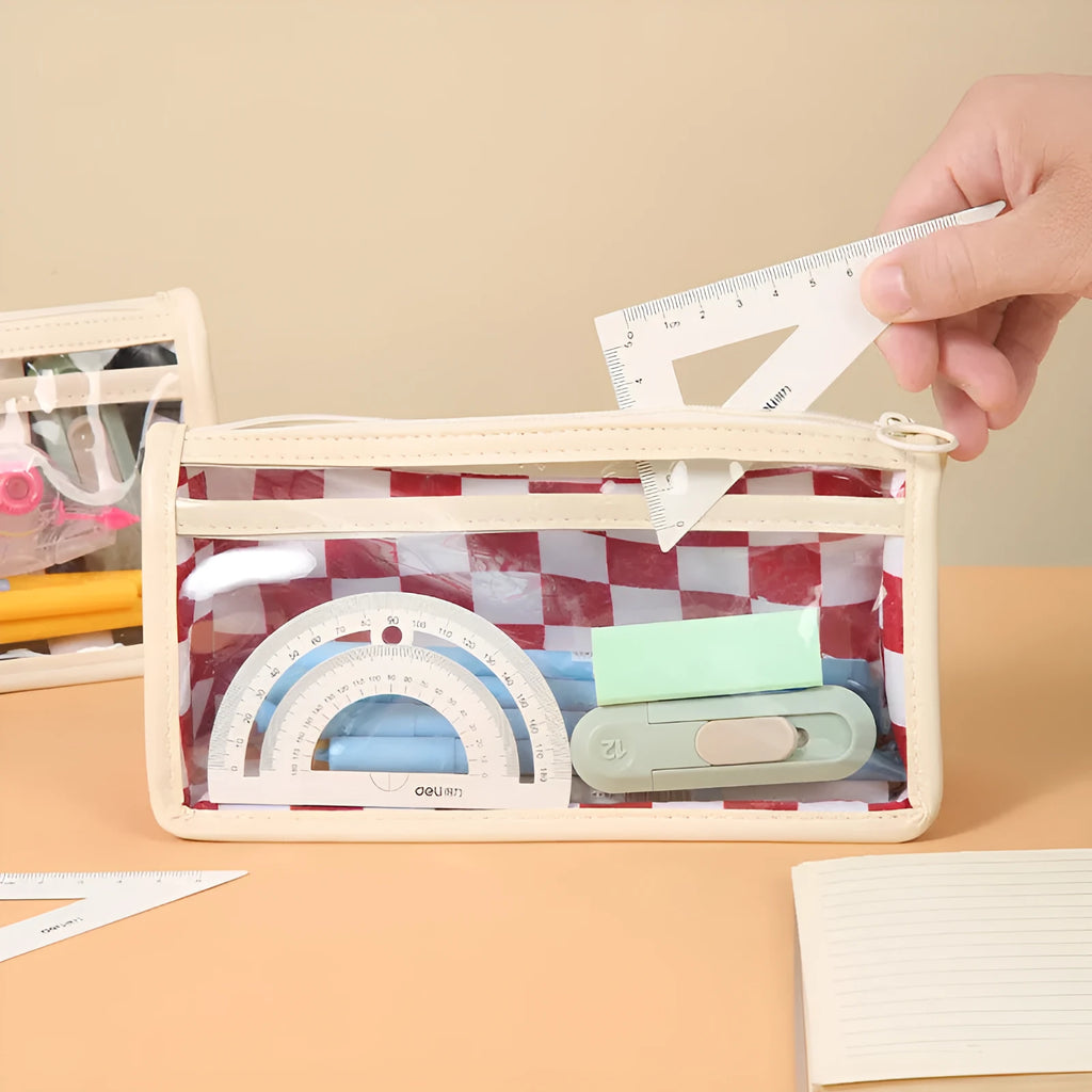 Transparent PVC pencil case with chessboard pattern in black and white grid design