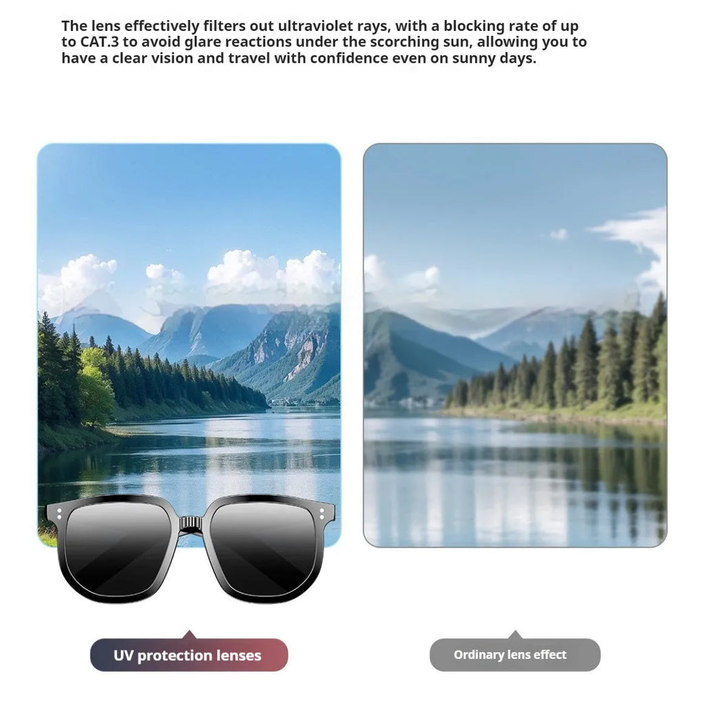 Black Bluetooth smart sunglasses with touch controls for wireless calls and audio.