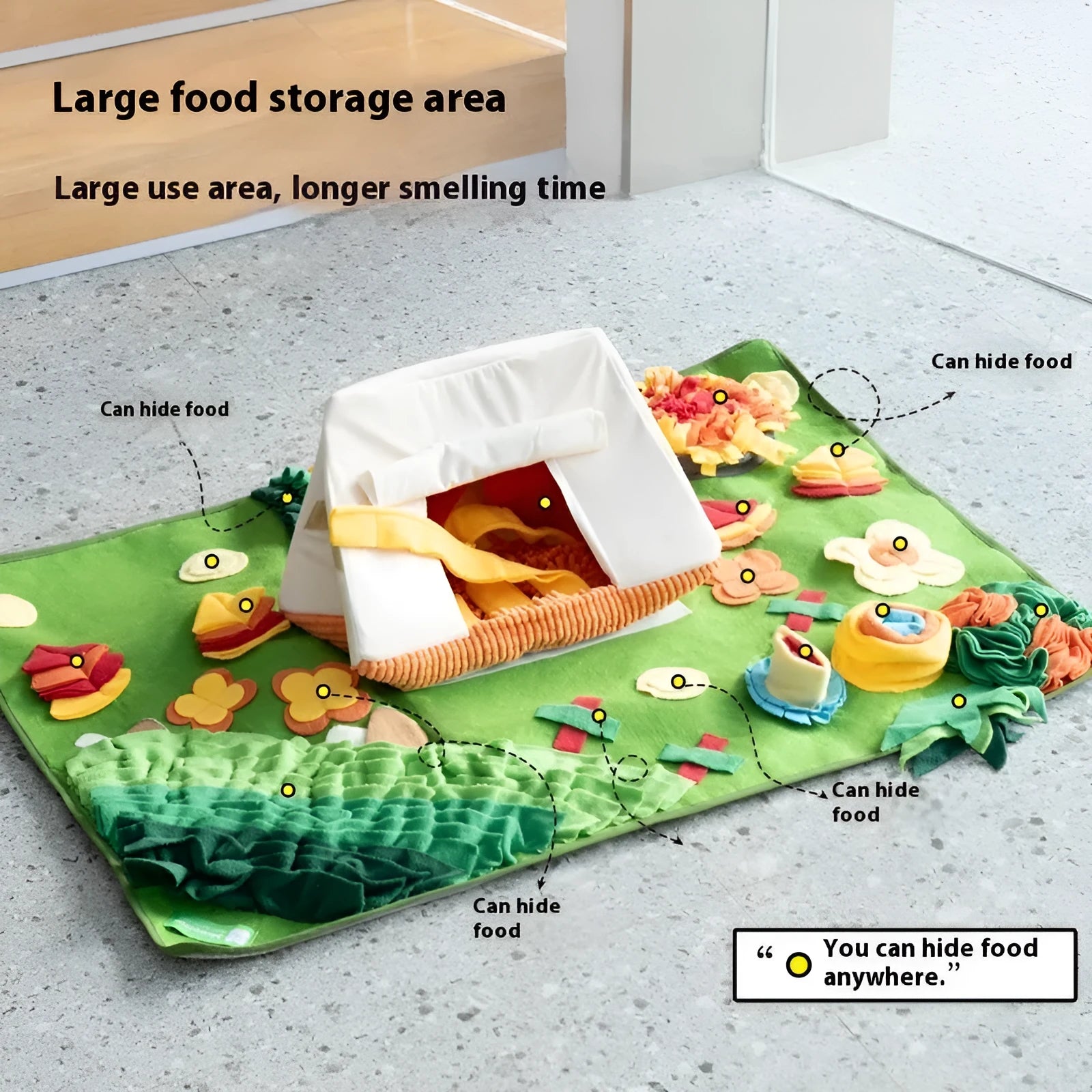 Plastic fabric dog sniffing mat with textured surface for hiding food treats, showing multiple theme design options