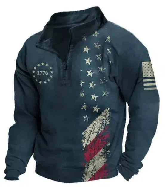 Men's long sleeve t-shirt with retro colour printing and striped zipper decoration on polyester bird eye cloth