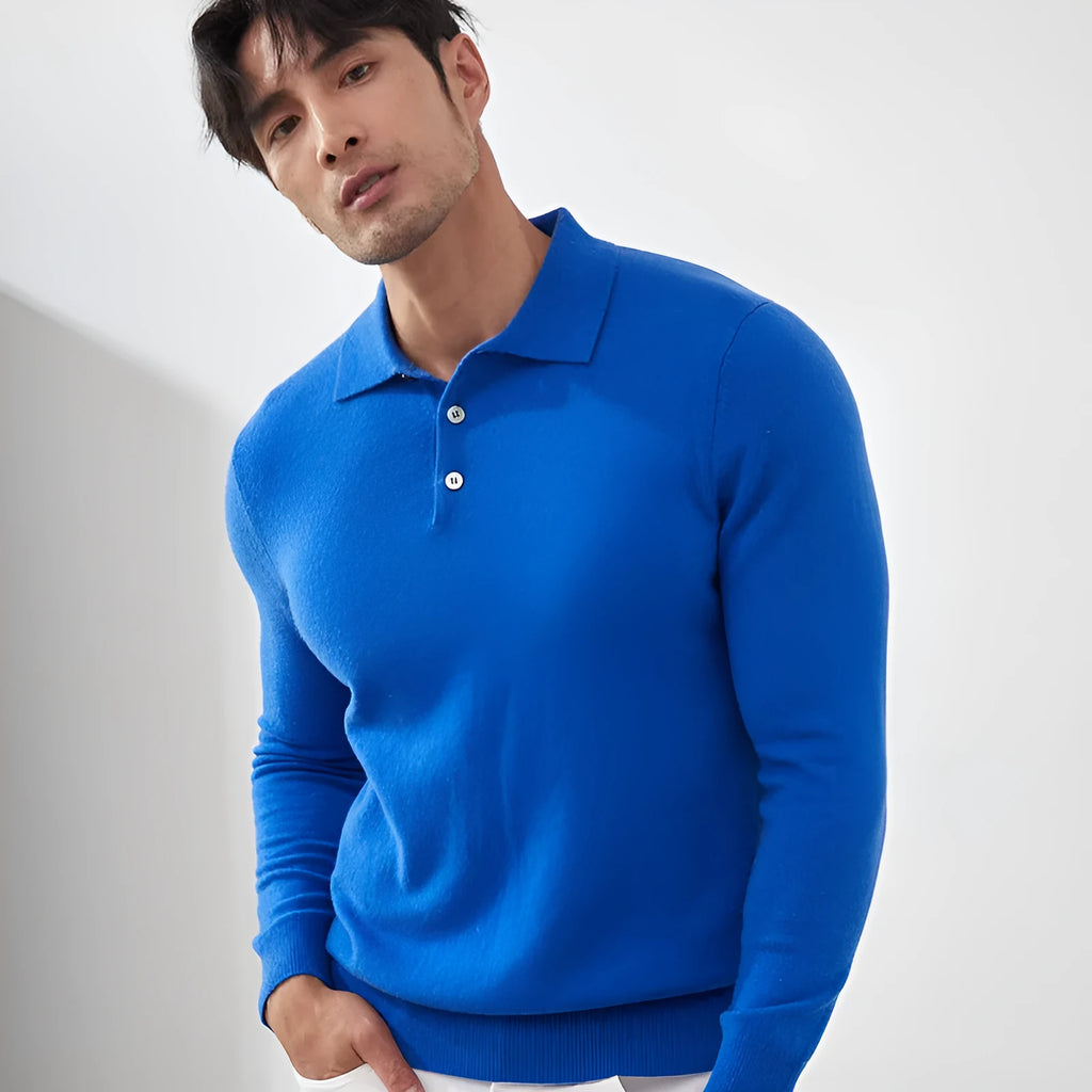 Men's cashmere polo collar pullover sweater in loose fit available in multiple colours and sizes