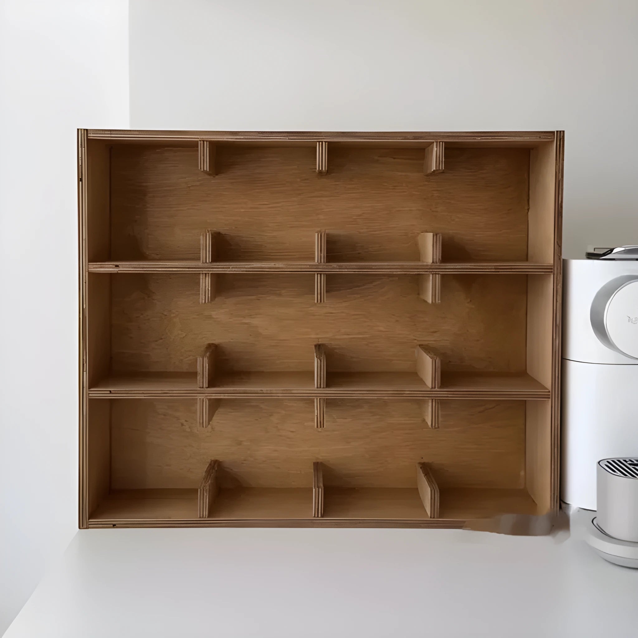 Solid birch wood cup storage rack with multiple grid compartments in meridian colour