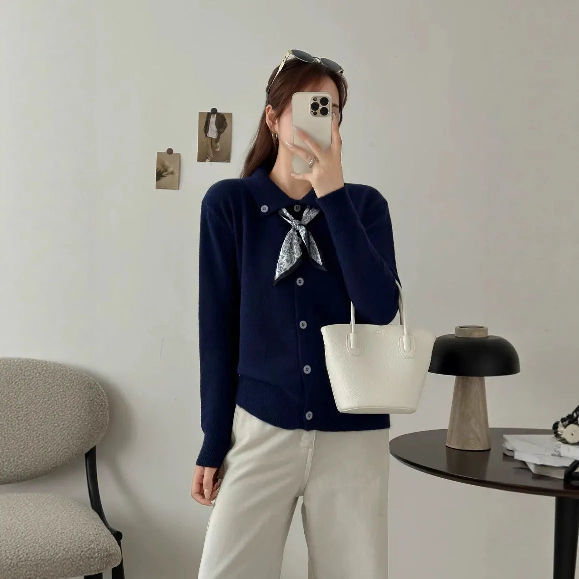 Lazy fashion lapel scarf cardigan sweater in acrylic fibre with splicing design
