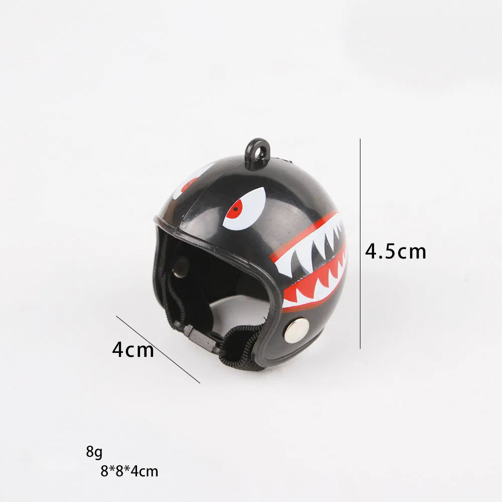 Small adjustable plastic safety helmet for a chicken or bird, shown in a fun design.