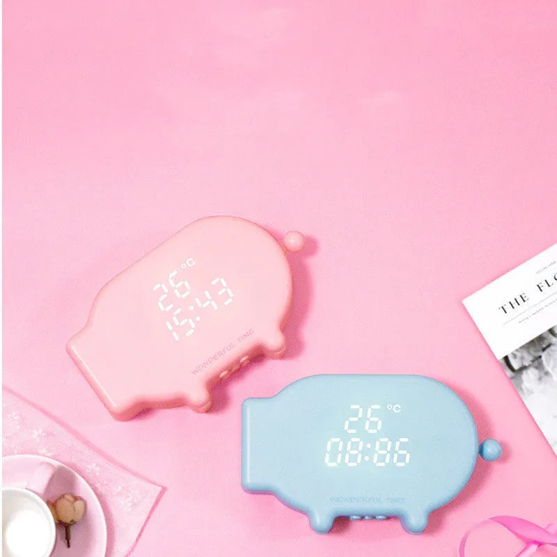 Blue and pink multifunctional LED alarm clock with temperature display and USB charging port