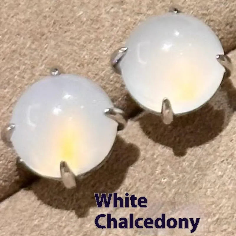 Chinese style chalcedony stud earrings with geometric design and claw setting