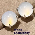 Chinese style chalcedony stud earrings with geometric design and claw setting