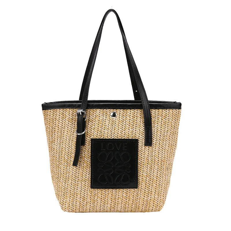 Straw woven women's shoulder bag with three-dimensional pockets and European retro styling