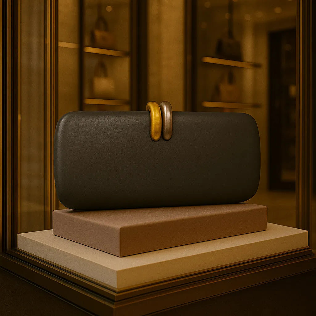 Hard oval PU clutch bag with chain strap in burgundy, showing three-dimensional pocket and crossbody wear option