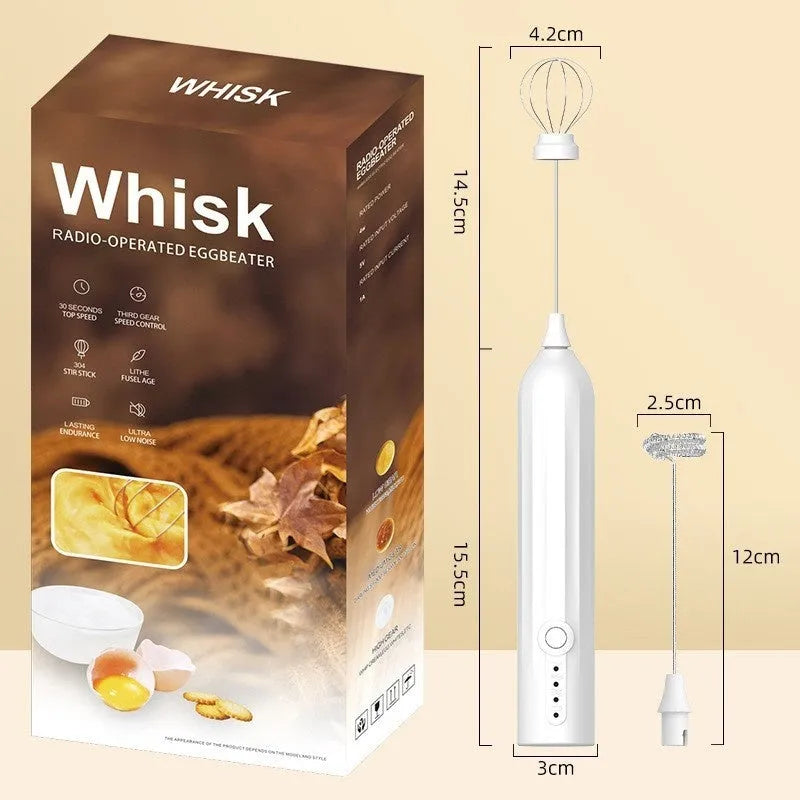 Mini handheld electric milk frother in black, white, or khaki colours with USB charging port