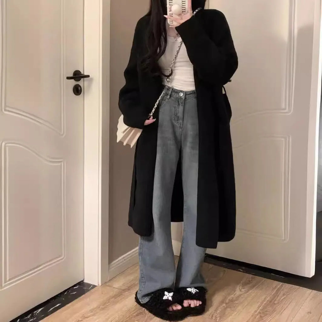 Women's knitted cardigan coat with V-neck and 65cm mid-length design in five colour options