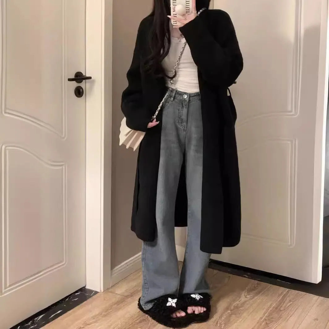 Women's knitted cardigan coat with V-neck and 65cm mid-length design in five colour options