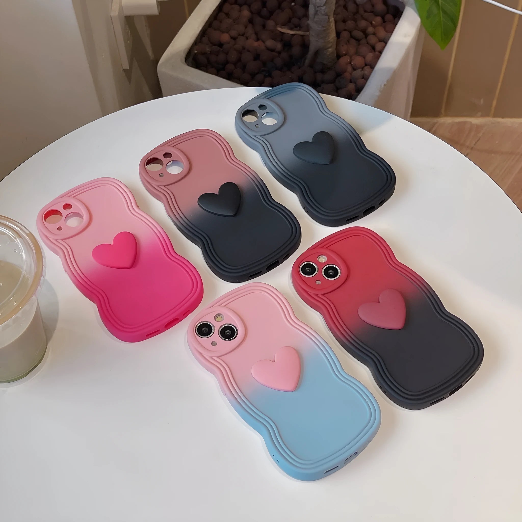 Liquid silicone wavy edge love gradient phone case for iPhone in red gradient black colour