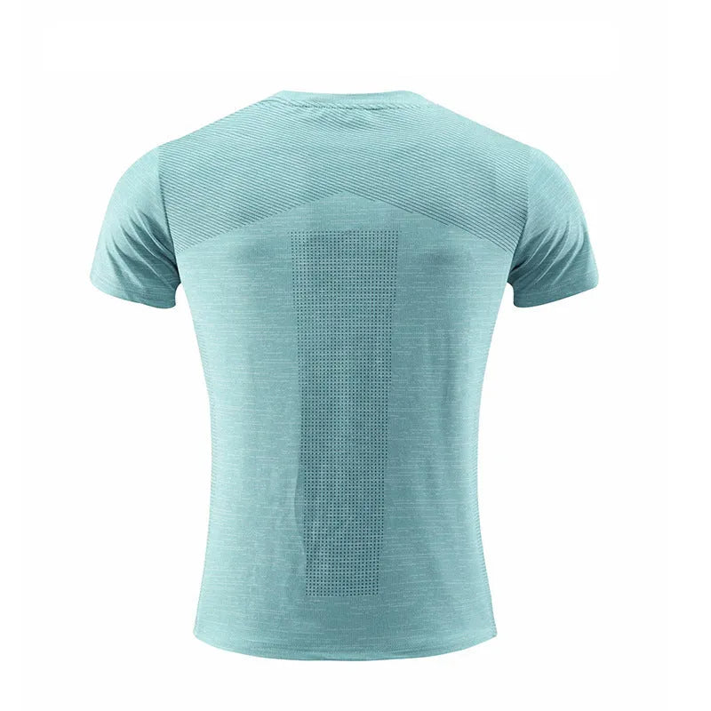 Short-sleeved red polyester spandex sports T-shirt for running and basketball.