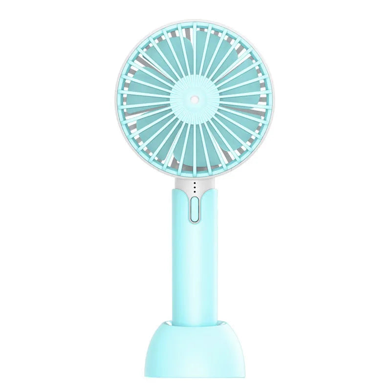 Blue mini handheld electric fan with USB cable showing three-speed control buttons