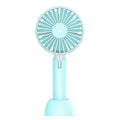Blue mini handheld electric fan with USB cable showing three-speed control buttons