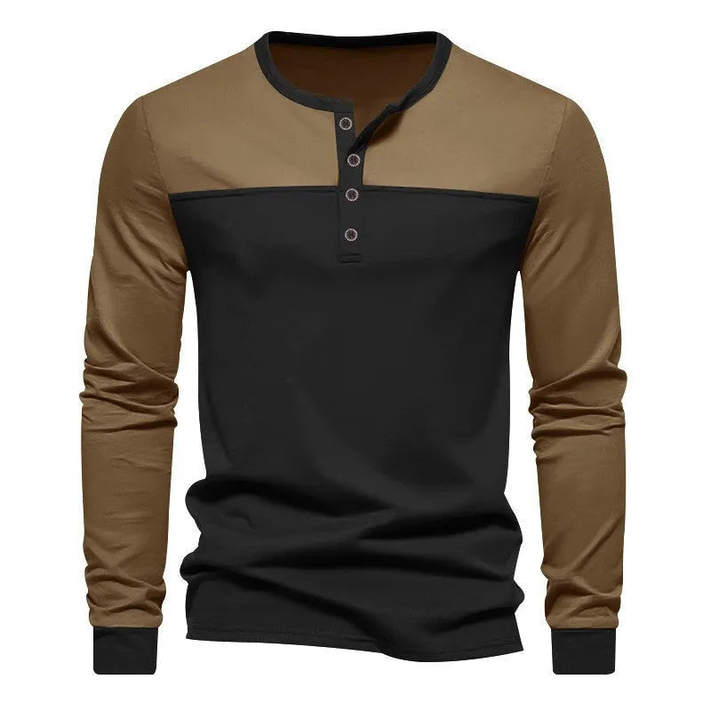 Men's long-sleeve henley collar casual shirt in a retro colour-block design