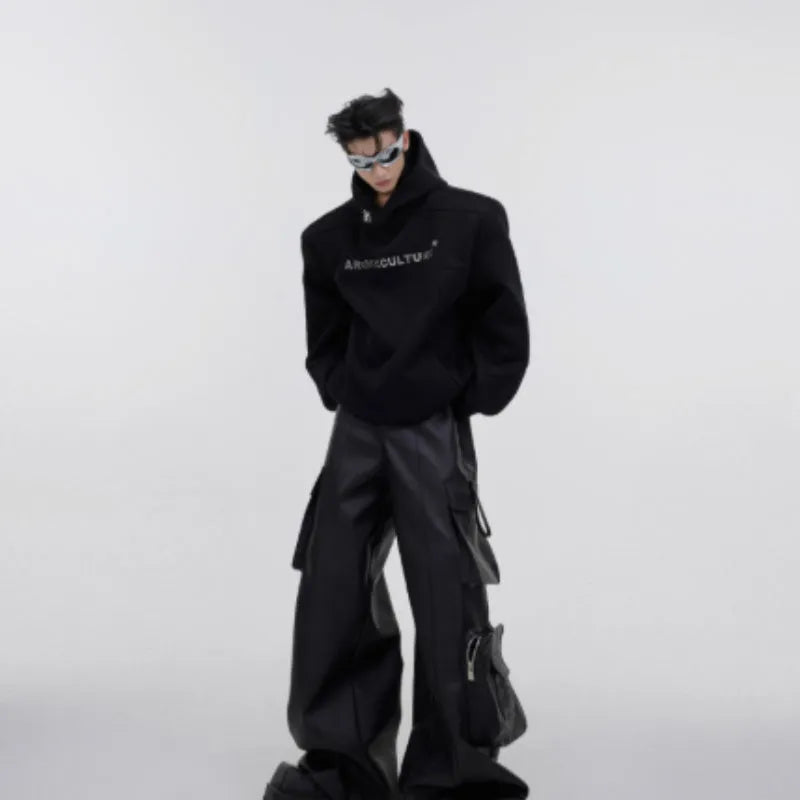 Men's red loose fit hooded sweater with heavy shoulder pads and metallic 3D printing detail.