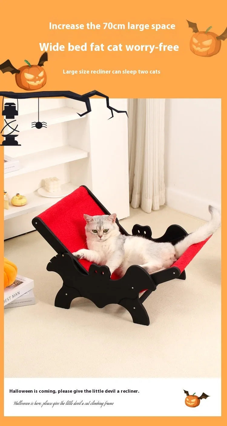 Black and red Halloween themed wooden cat recliner bed with cage enclosure.
