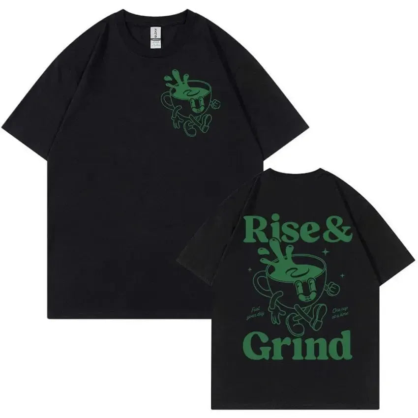 Loose fit linen t-shirt with Rise And Grind text and cartoon coffee graphic