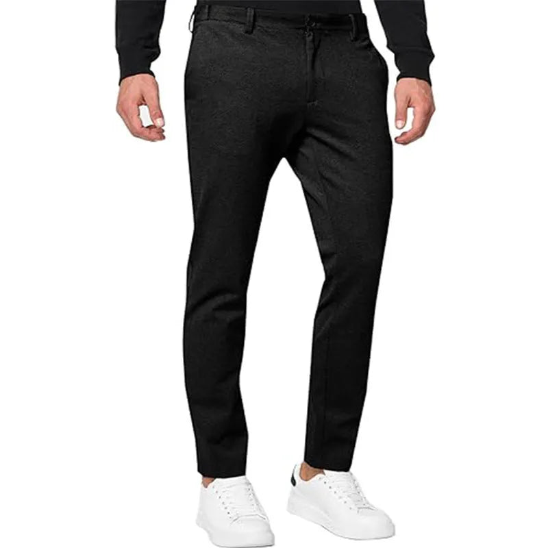 Men's slim-fit tapered chino trousers in a stretch cotton blend fabric, shown in army green colour.