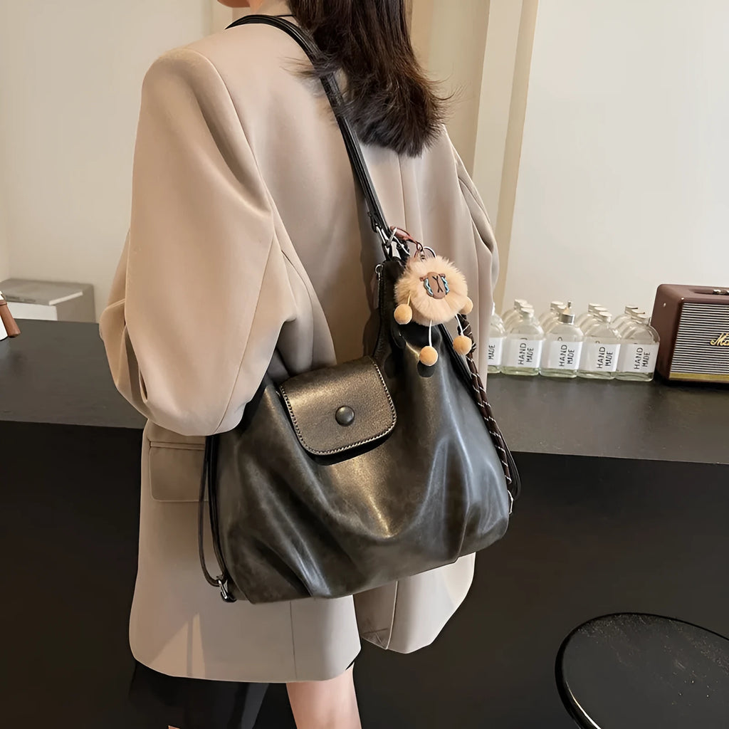 Women's black PU leather single shoulder bag with horizontal square design and large capacity