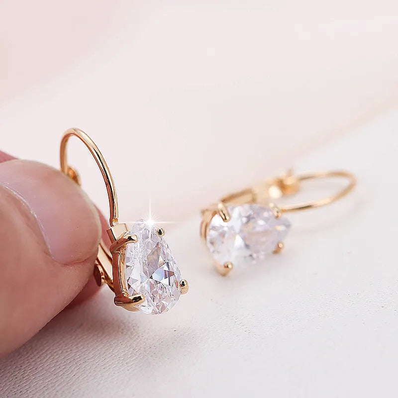 A pair of women's drop-shaped fashion earrings in gold or platinum finish with a platinum-inlaid gemstone.