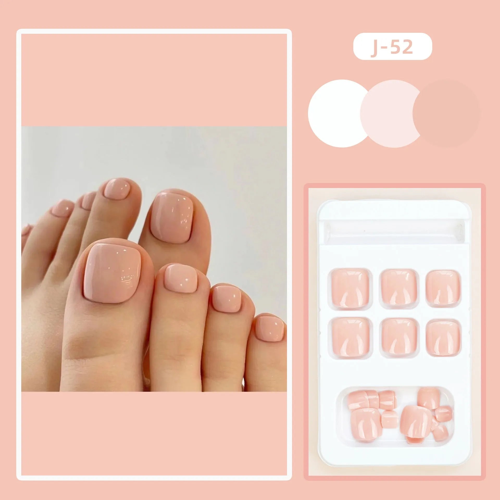 Set of plastic skin-coloured glue-on toe nail stickers with adhesive.