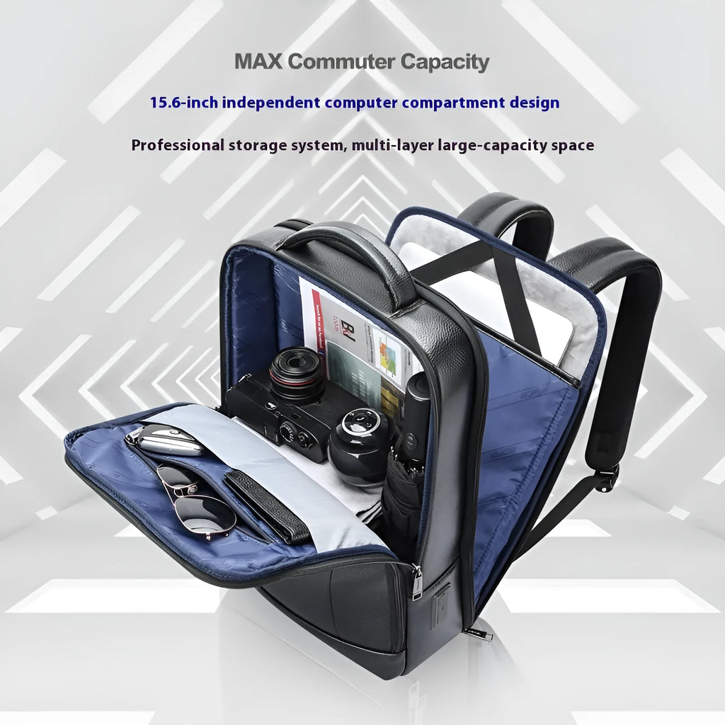 Black business leather backpack with USB charging port and curved shoulder straps