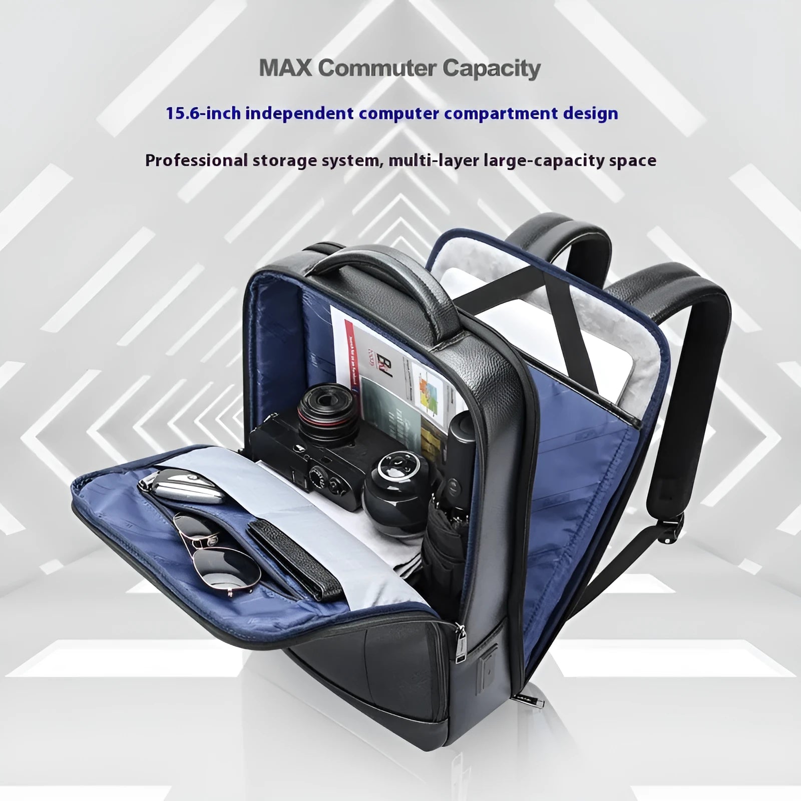 Black business leather backpack with USB charging port and curved shoulder straps