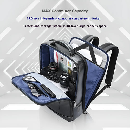 Black business leather backpack with USB charging port and curved shoulder straps