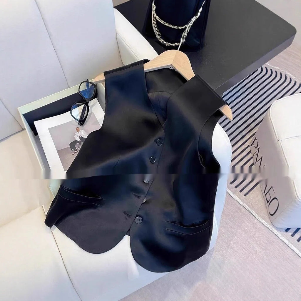 Black satin ladies sleeveless vest on a hanger, showing loose fit and splicing detail.