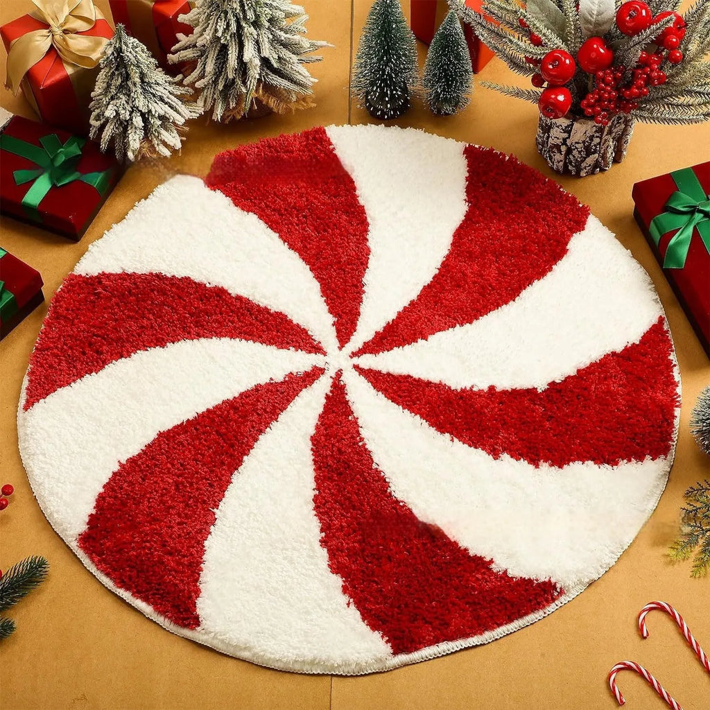 Christmas round pad design printed on a soft, square polyester fibre carpet.