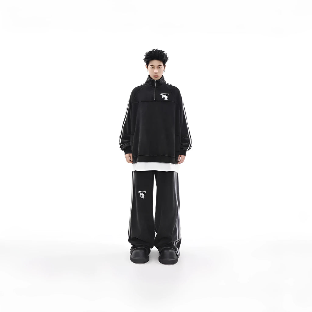 Black men's Hong Kong style hoodie with a stand collar and long sleeves on a mannequin