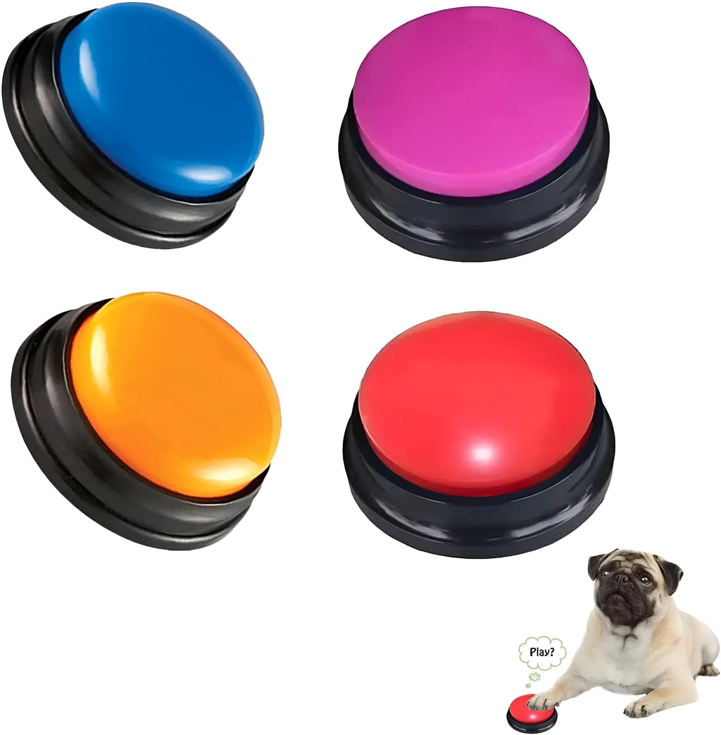 Voice recording pet training button in blue, green, orange, purple, or red with record and playback buttons