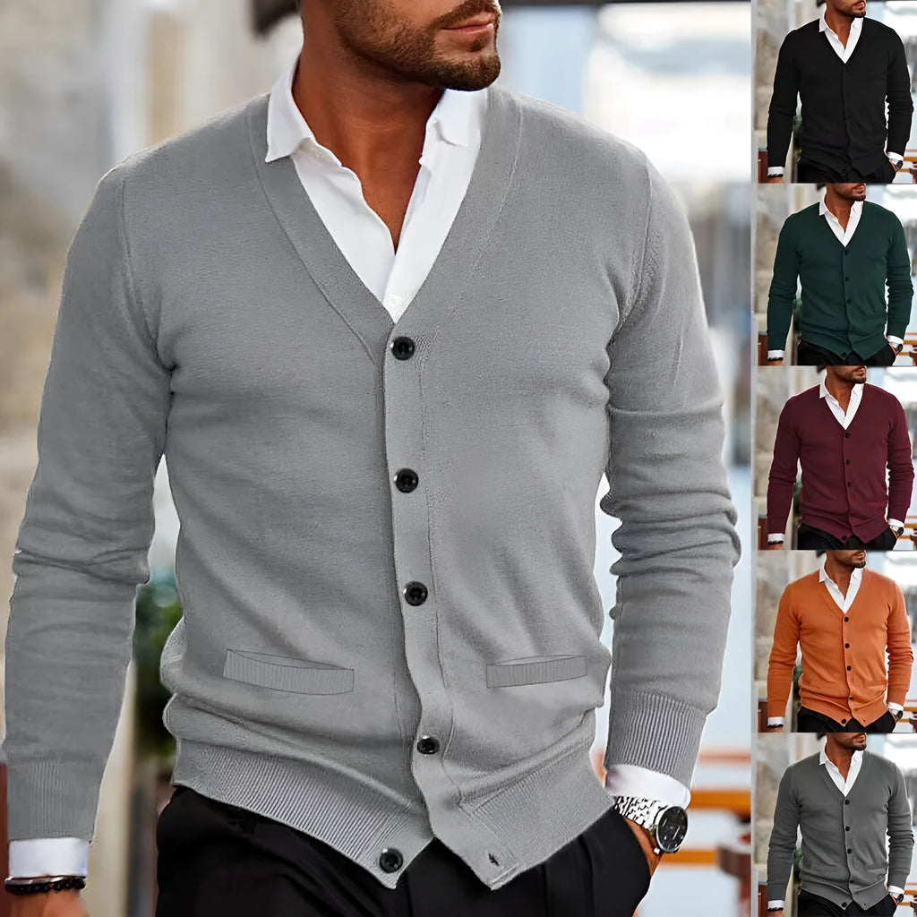 Men's slim fit acrylic cardigan sweater in beige colour, shown on a model.