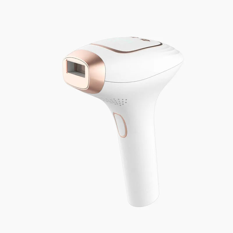 Pink and white three-in-one ice-sensing laser hair removal device with shaver and accessories.